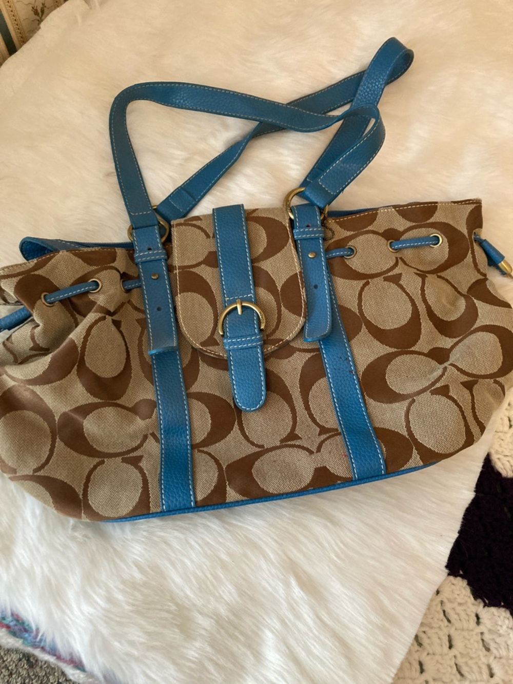 Blue Trim Signature Print Tote Bag